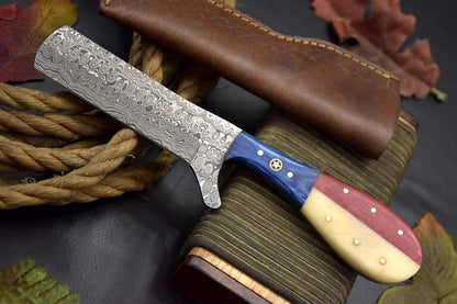Handmade Damascus Steel Bull Cutter Knife 8.80" Custom Bull Cutter Knife with Leather Sheath