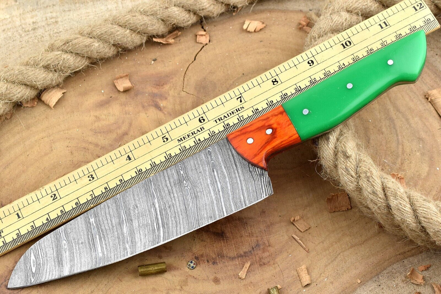 Custom Handmade Forged Damascus Steel Kitchen Chef Knife with Green Resin Handle