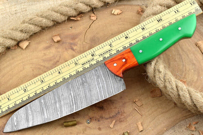 Custom Handmade Forged Damascus Steel Kitchen Chef Knife with Green Resin Handle