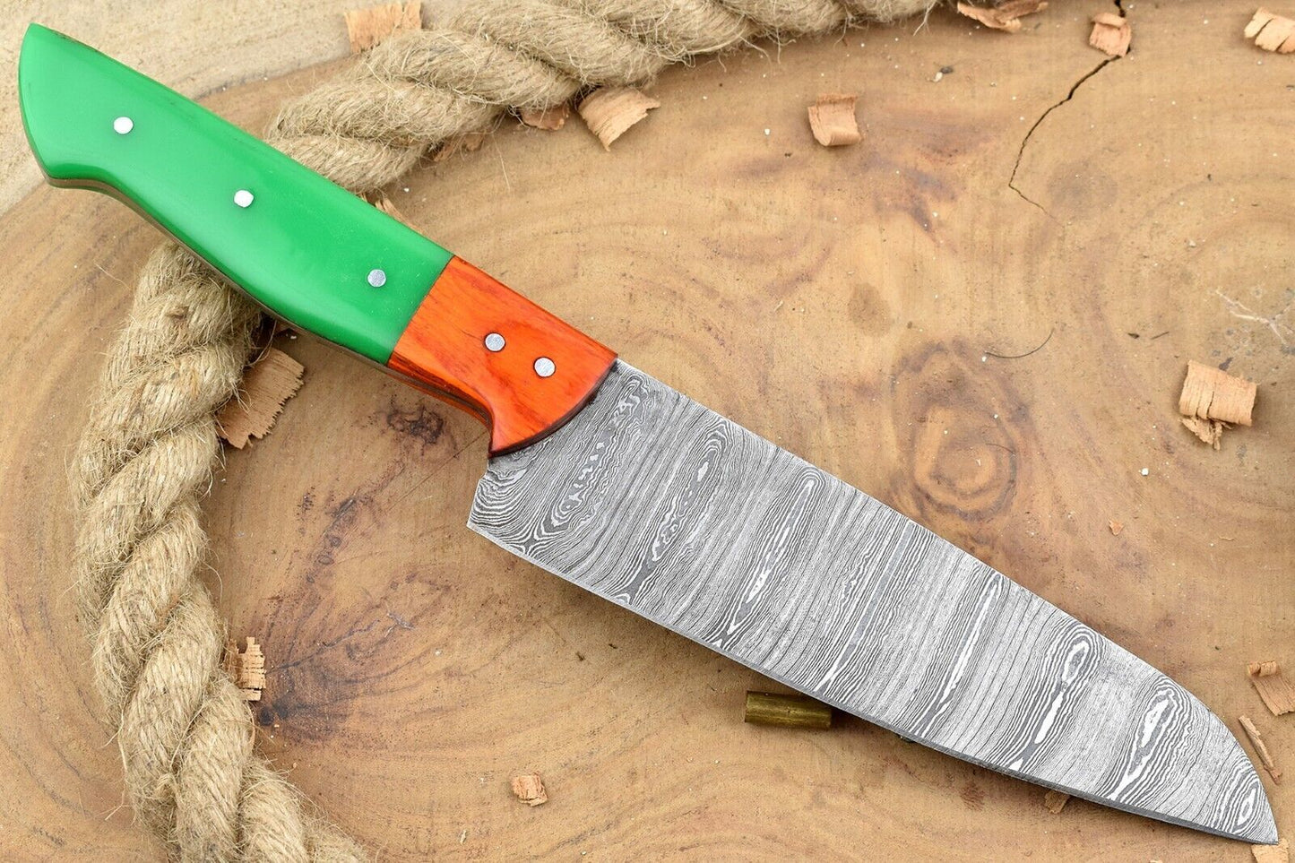 Custom Handmade Forged Damascus Steel Kitchen Chef Knife with Green Resin Handle
