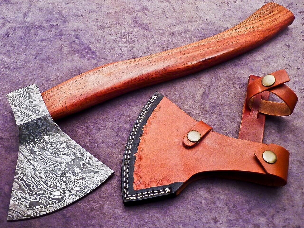 Limited Edition Handmade Damascus Steel Axe with Natural Wood Handle and Leather Sheath
