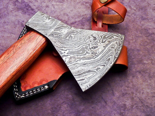 Limited Edition Handmade Damascus Steel Axe with Natural Wood Handle and Leather Sheath