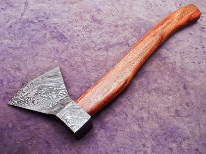 Limited Edition Handmade Damascus Steel Axe with Natural Wood Handle and Leather Sheath
