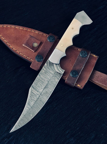 11" Fire Damascus Bowie Knife – Camel Bone Handle – Handmade Hunting Blade