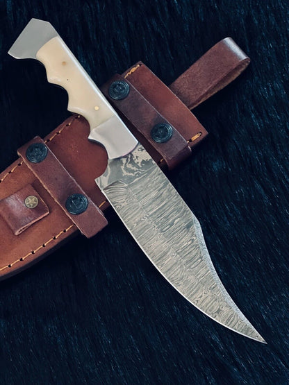 11" Fire Damascus Bowie Knife – Camel Bone Handle – Handmade Hunting Blade