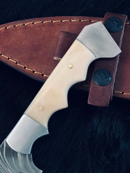 11" Fire Damascus Bowie Knife – Camel Bone Handle – Handmade Hunting Blade