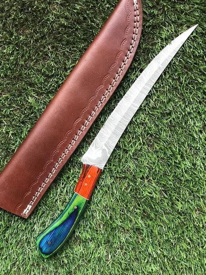13" Custom Handmade Damascus Steel Fillet, Chef & Hunting Knife with Leather Sheath