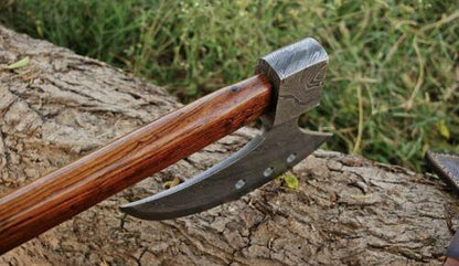 Custom Handmade Forged Damascus Steel Tomahawk Hatchet Axe Integral with Leather Sheath