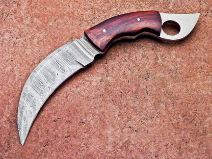 Handmade Damascus Karambit Knife Damascus Steel Hunting Knife with Hardwood Handle