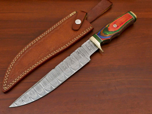 14" Hand-Forged Damascus Bowie Hunting Knife – Hardwood Handle with Brass Guard & Leather Sheath