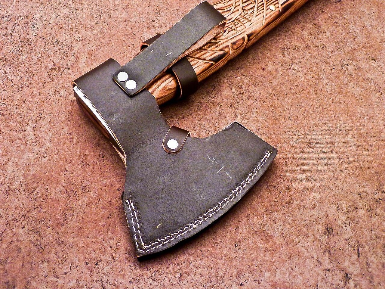 Hand Forged Bearded Viking Axe 20 Inch High Carbon Steel Tomahawk with Natural Wood Handle and Leather Sheath