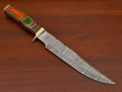Damascus Pakka Wood Bowie Hunting Knife – Brass Guard, 14" Overall
