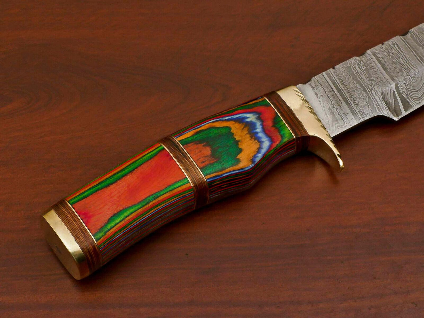 Damascus Pakka Wood Bowie Hunting Knife – Brass Guard, 14" Overall