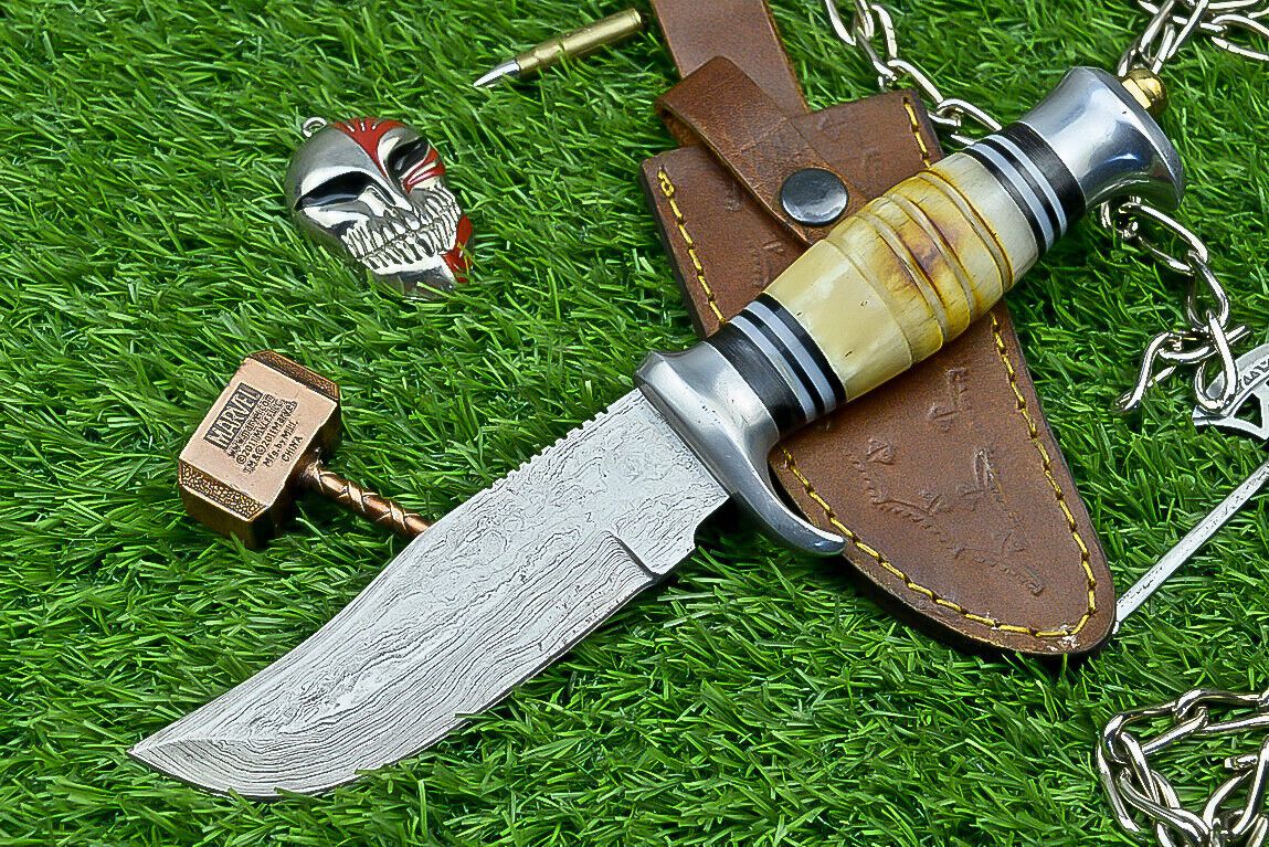 Heritage Forge 10 Inch Damascus Steel Bowie Knife with Bone Handle | Hand Forged Hunting Camping Knife