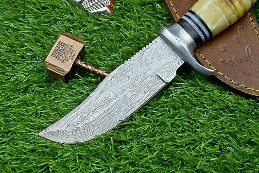 Heritage Forge 10 Inch Damascus Steel Bowie Knife with Bone Handle | Hand Forged Hunting Camping Knife