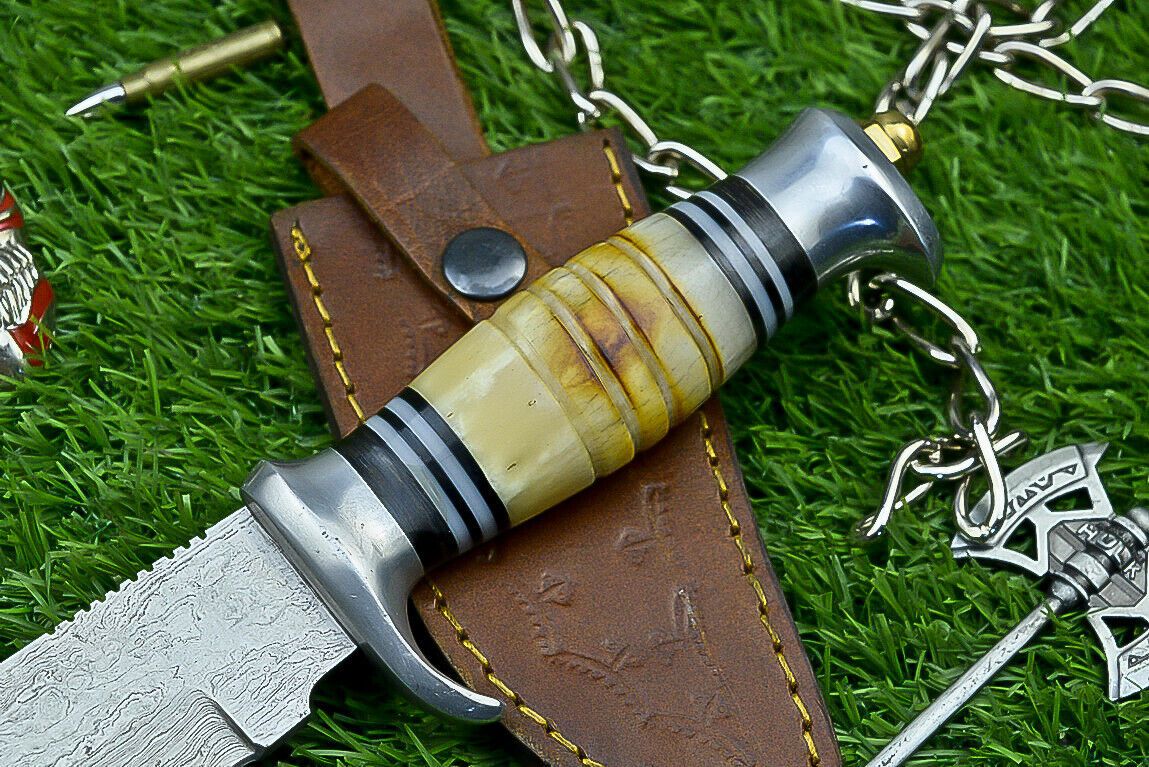Heritage Forge 10 Inch Damascus Steel Bowie Knife with Bone Handle | Hand Forged Hunting Camping Knife