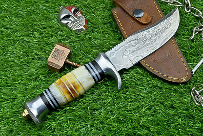 Heritage Forge 10 Inch Damascus Steel Bowie Knife with Bone Handle | Hand Forged Hunting Camping Knife