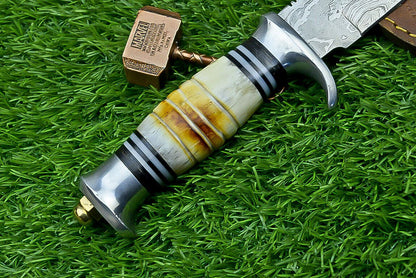 Heritage Forge 10 Inch Damascus Steel Bowie Knife with Bone Handle | Hand Forged Hunting Camping Knife