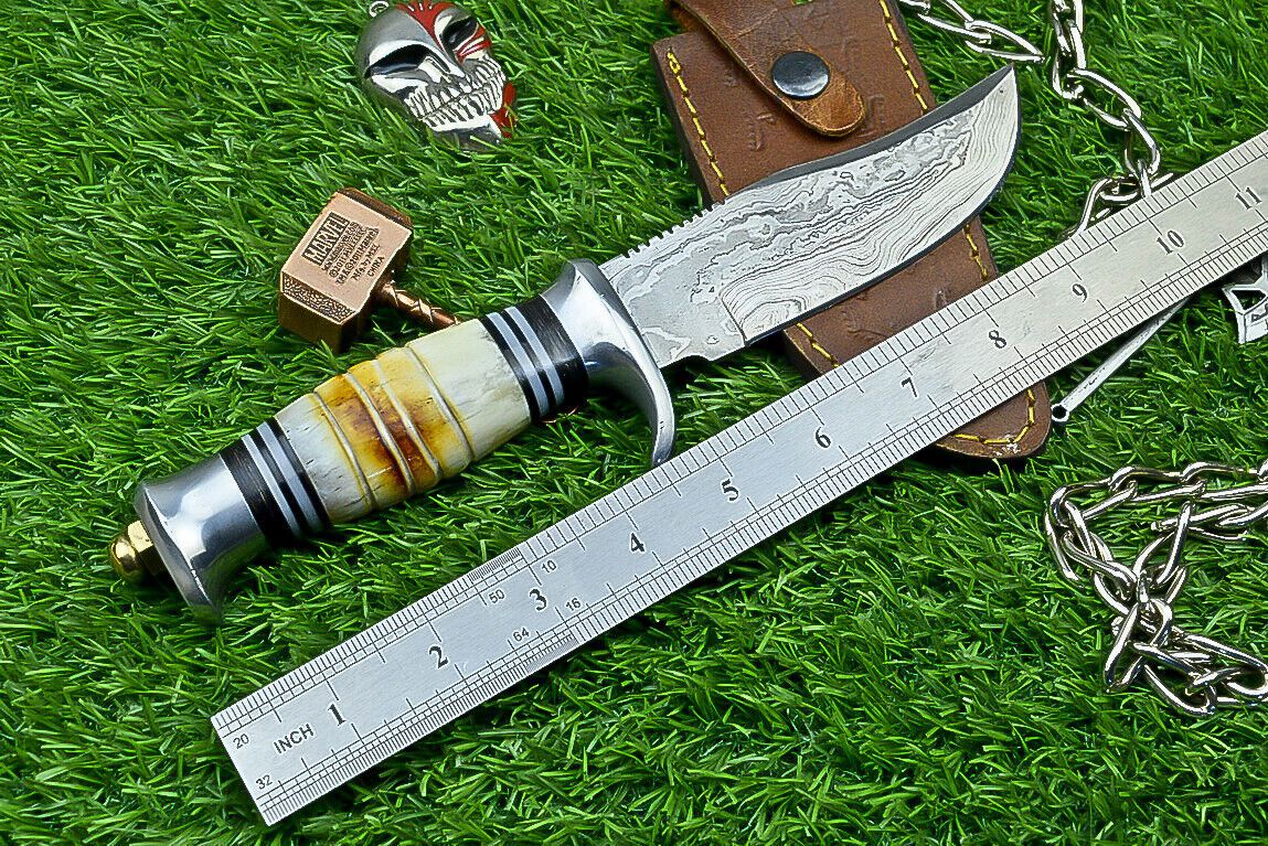 Heritage Forge 10 Inch Damascus Steel Bowie Knife with Bone Handle | Hand Forged Hunting Camping Knife