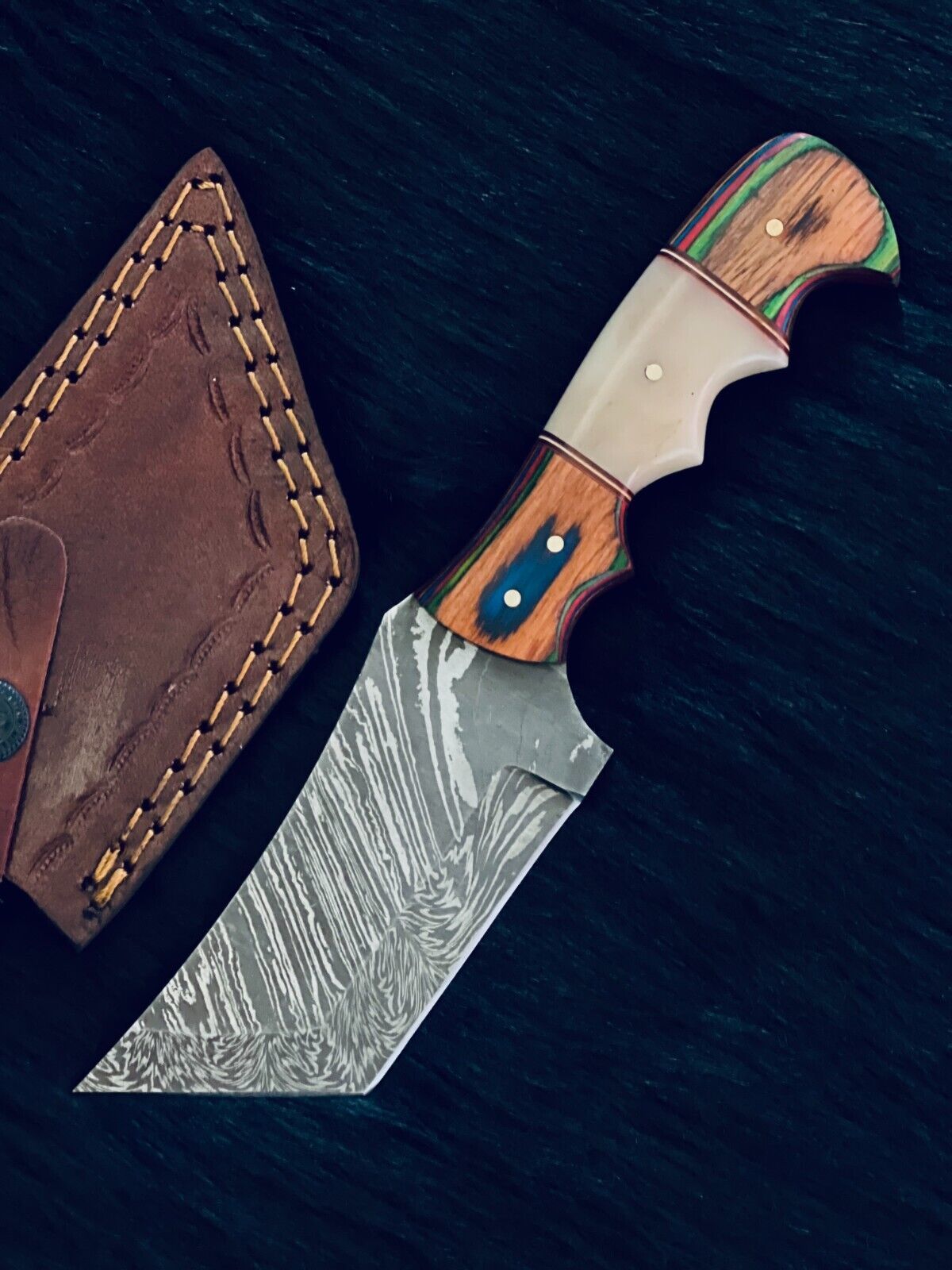 9" Fire Damascus Tanto Knife – Camel Bone & Wood Handle with Brass Spacers