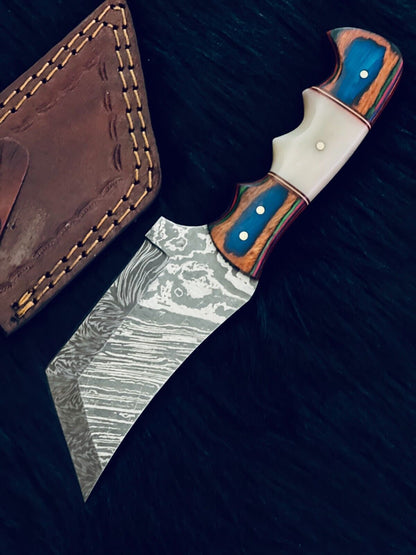 9" Fire Damascus Tanto Knife – Camel Bone & Wood Handle with Brass Spacers