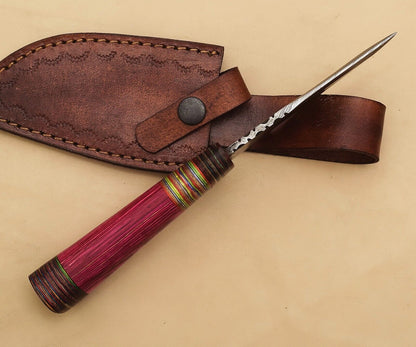 Handmade Damascus Skinner Knife with Pakka Wood Handle – 8 Inch Hunting and Camping Blade with Leather Sheath