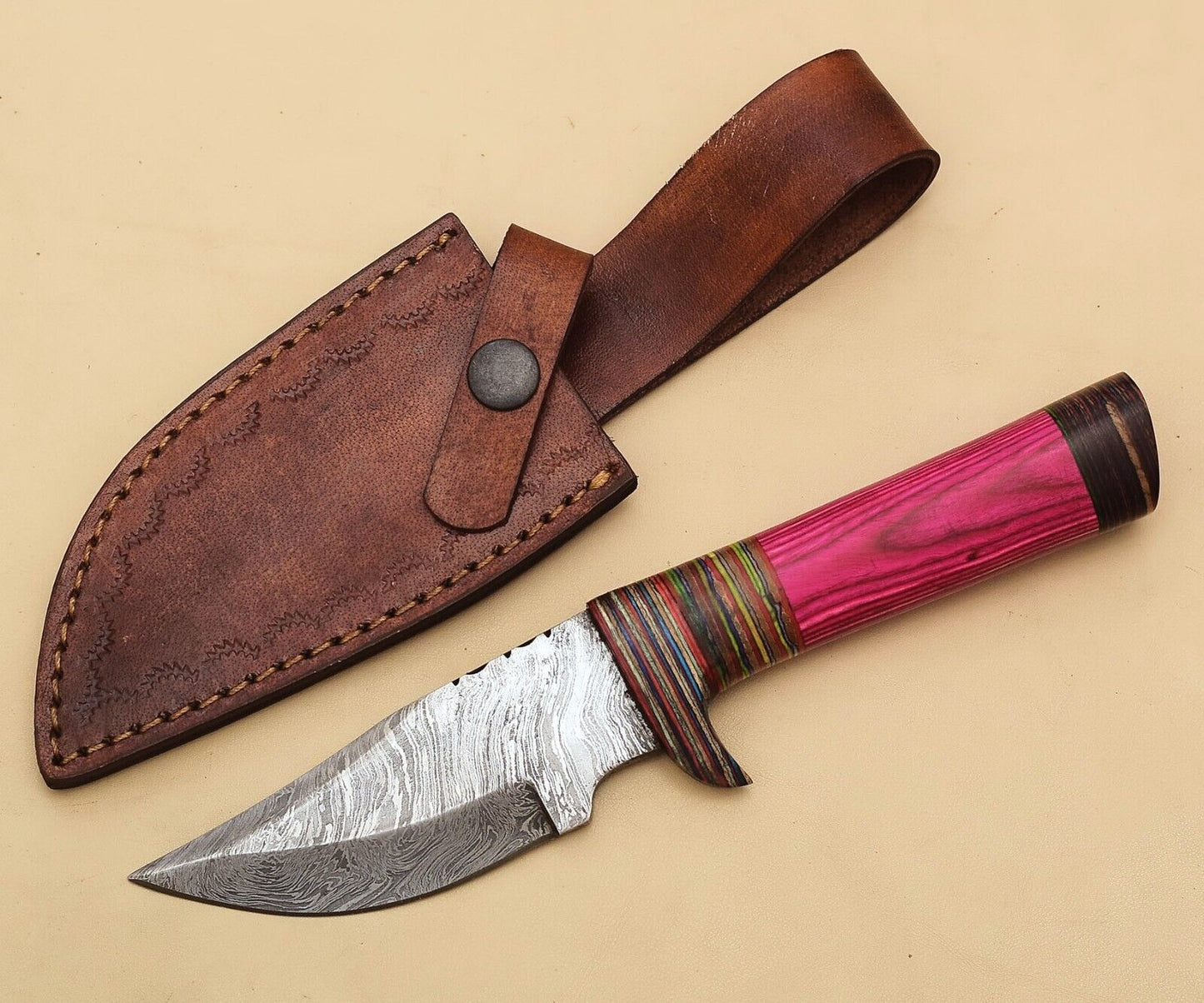 Handmade Damascus Skinner Knife with Pakka Wood Handle – 8 Inch Hunting and Camping Blade with Leather Sheath