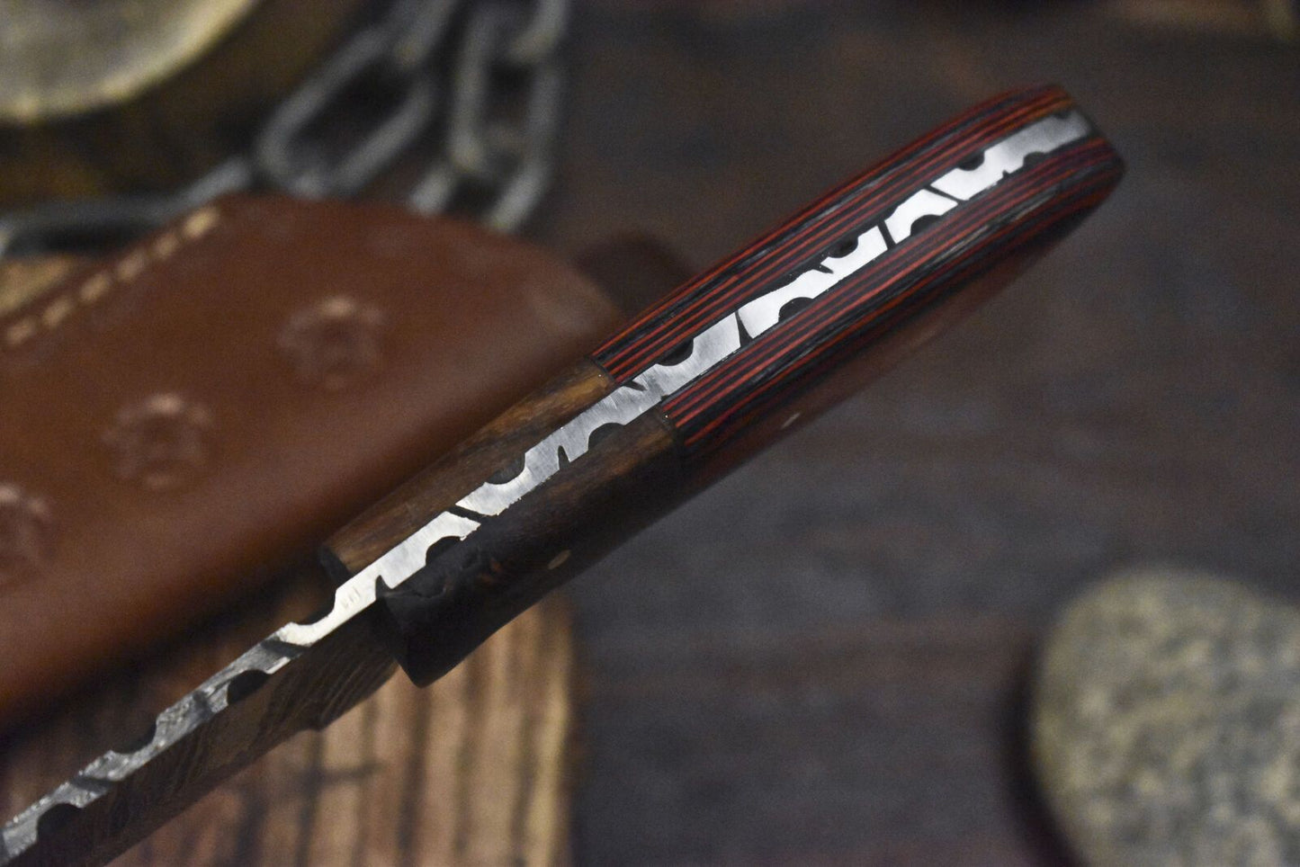 Custom Twist Damascus Skinner Knife with Hard Wood Handle and Wooden Bolster