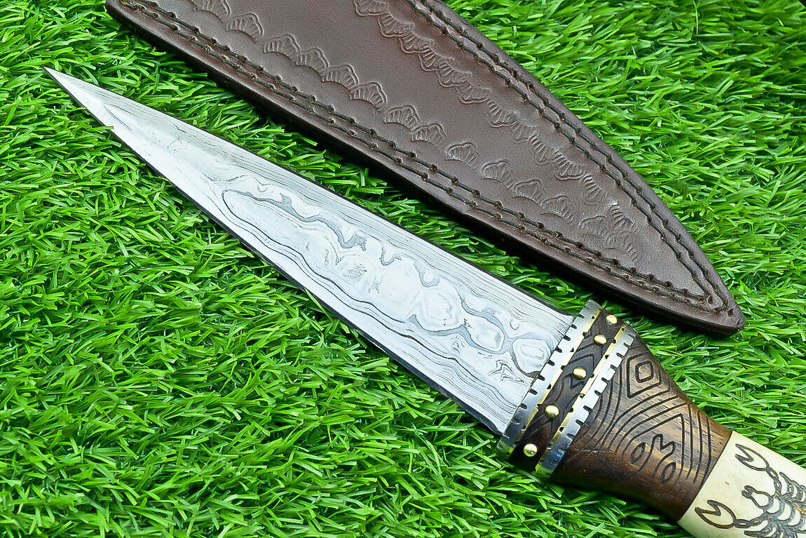 12 Inch Handmade Damascus Dagger Knife with Camel Bone and Wood Handle