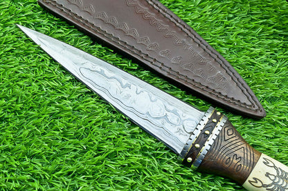 12 Inch Handmade Damascus Dagger Knife with Camel Bone and Wood Handle