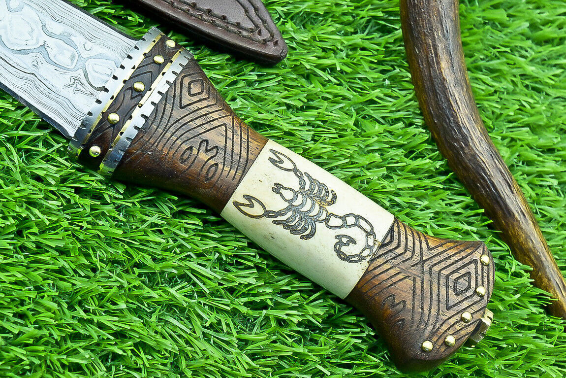 12 Inch Handmade Damascus Dagger Knife with Camel Bone and Wood Handle