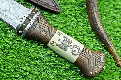 12 Inch Handmade Damascus Dagger Knife with Camel Bone and Wood Handle