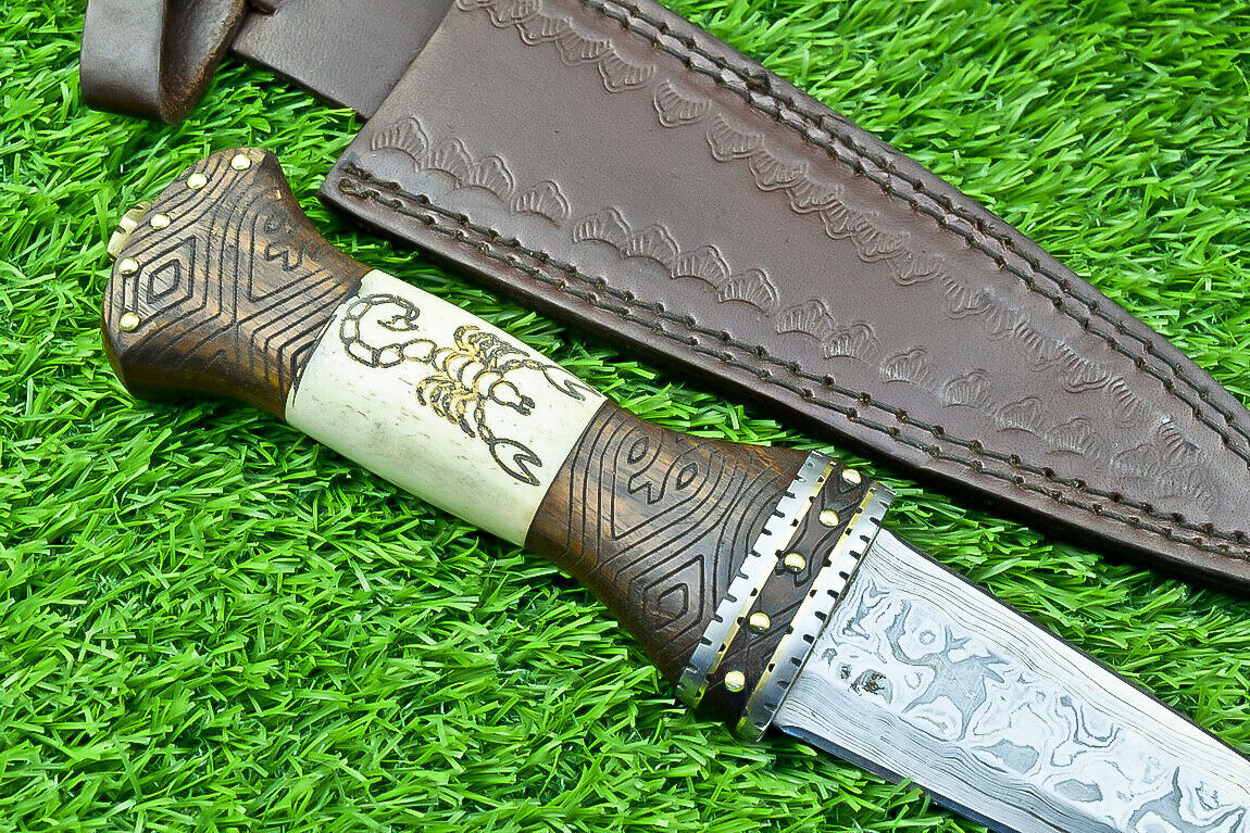 12 Inch Handmade Damascus Dagger Knife with Camel Bone and Wood Handle