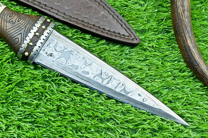 12 Inch Handmade Damascus Dagger Knife with Camel Bone and Wood Handle