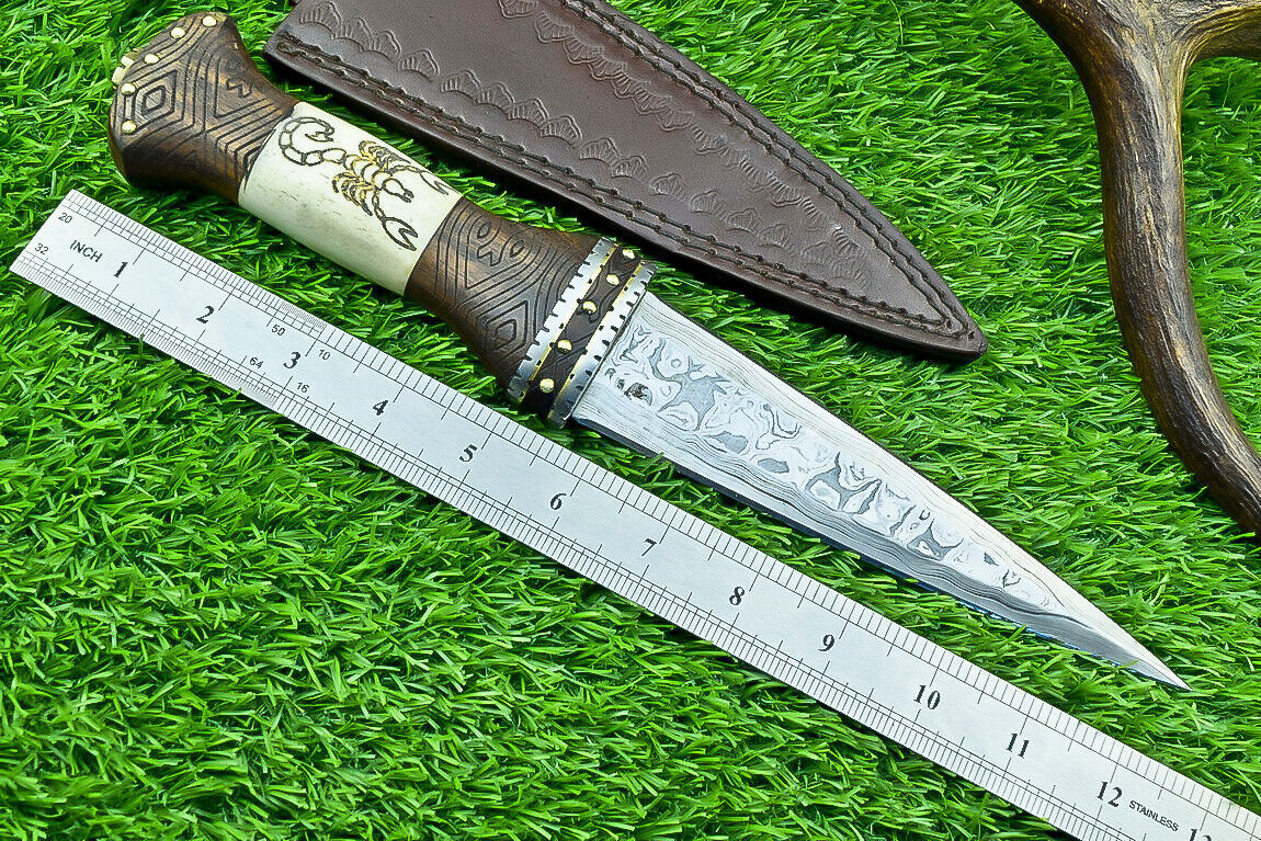 12 Inch Handmade Damascus Dagger Knife with Camel Bone and Wood Handle