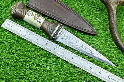 12 Inch Handmade Damascus Dagger Knife with Camel Bone and Wood Handle