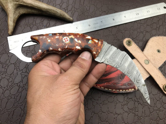 8" Handmade Best Damascus Karambit Damascus Steel Karambit Knife with Resin Handle