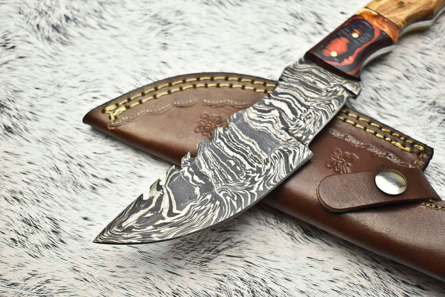 10.0" Handmade Damascus Tracker Knife | Olive Wood Handle & Leather Sheath