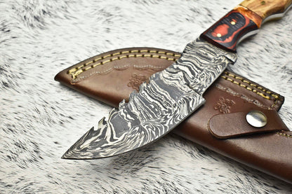 10.0" Handmade Damascus Tracker Knife | Olive Wood Handle & Leather Sheath