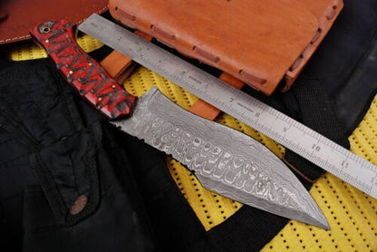 Handmade 12" Damascus Kukri Bowie Knife | Hand Forged Steel & Leather Sheath