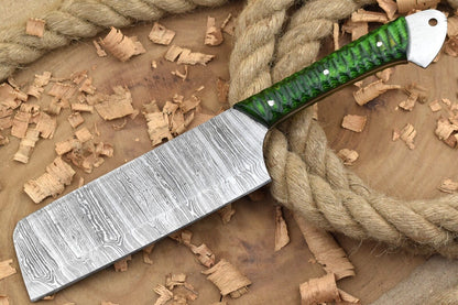 Custom Handmade Damascus Steel Chef Knife – Green Cleaver with Sturl Open Tang Handle