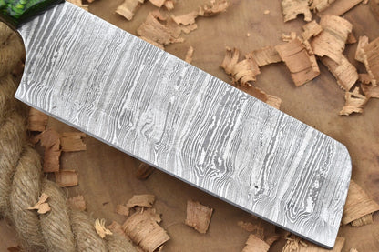 Custom Handmade Damascus Steel Chef Knife – Green Cleaver with Sturl Open Tang Handle