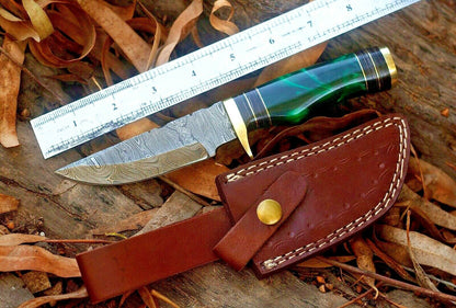 8" Handmade Damascus Steel Skinner Knife | Resin Handle with Brass Guard