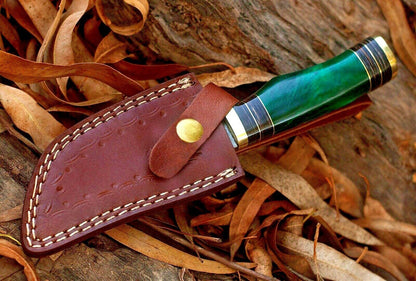 8" Handmade Damascus Steel Skinner Knife | Resin Handle with Brass Guard