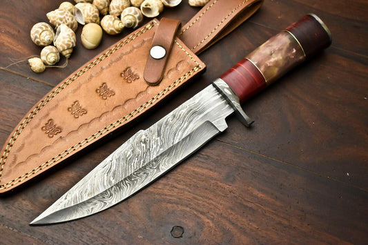 13" Custom Damascus Bowie Knife Damascus Steel Knife with Bone Handle & Leather Sheath