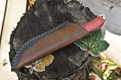 Twist Damascus Skinner Knife with Gut Hook – Mixed Material Handle & Leather Sheath for Hunting and EDC