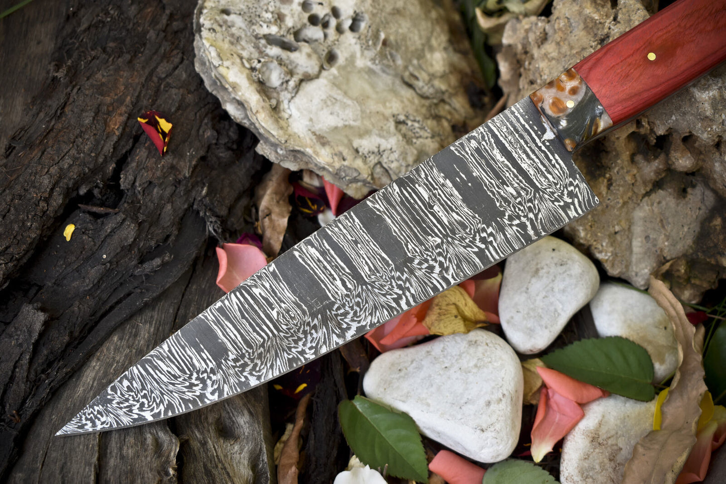 13" Hand-Forged Twist Damascus Chef Knife – Hardwood Handle & Micarta Bolster