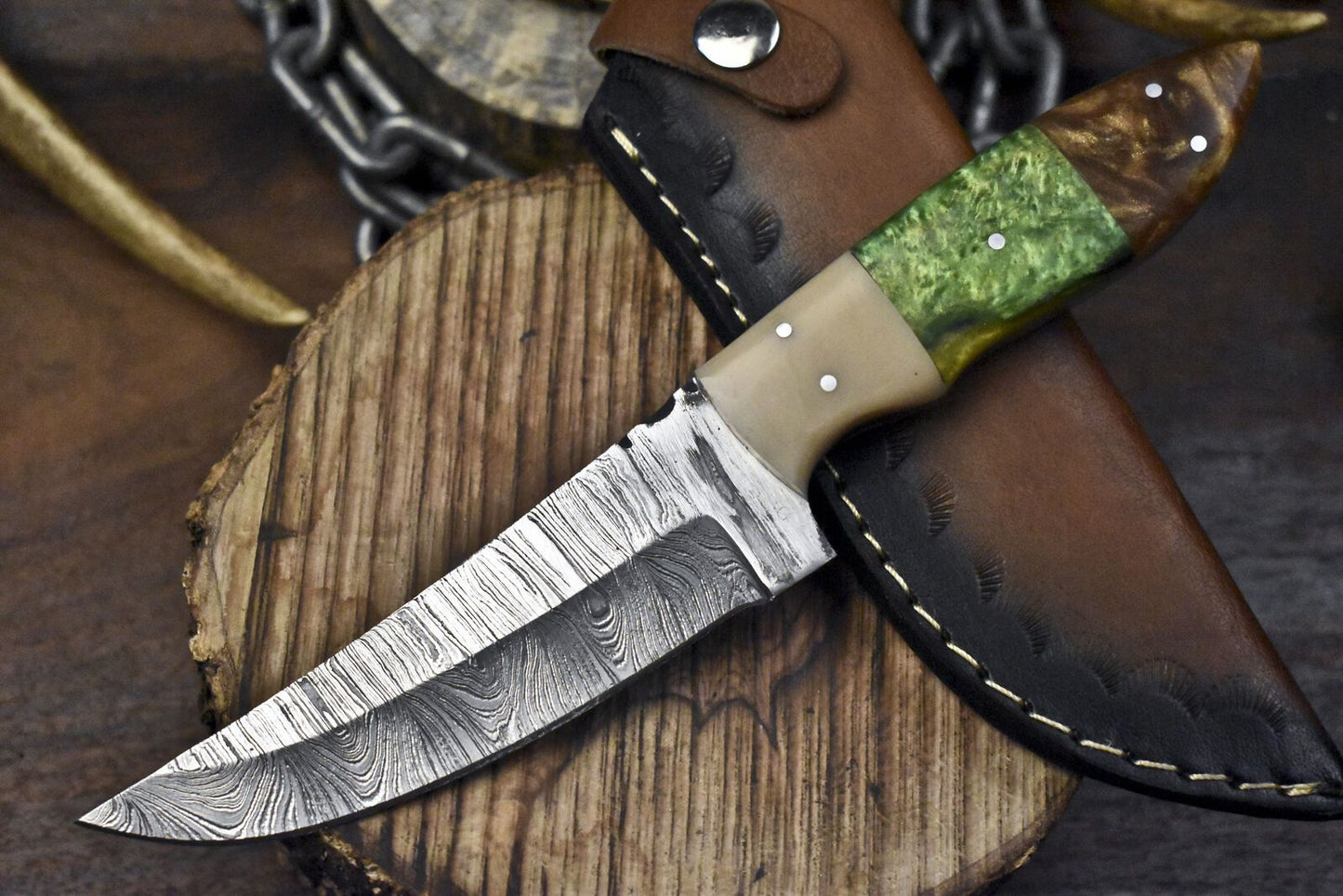 Twist Damascus Skinner Knife – 9" Bushcraft Blade with Corian Handle for Hunting & Sports