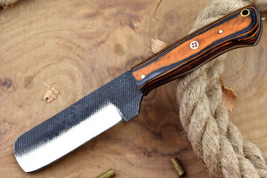 Custom Carbon Steel Bull Cutter Knife & Sheath Custom Bull Cutter Knife Pakka Wood Handle
