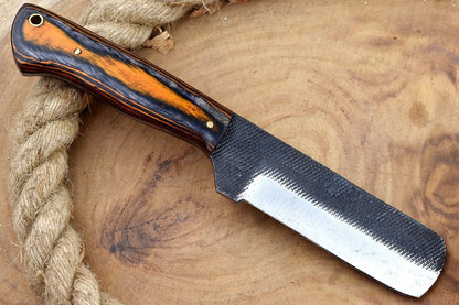 Custom Carbon Steel Bull Cutter Knife & Sheath Custom Bull Cutter Knife Pakka Wood Handle